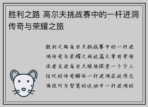 胜利之路 高尔夫挑战赛中的一杆进洞传奇与荣耀之旅