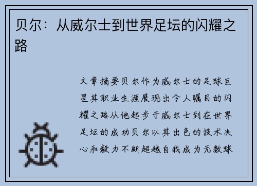 贝尔：从威尔士到世界足坛的闪耀之路